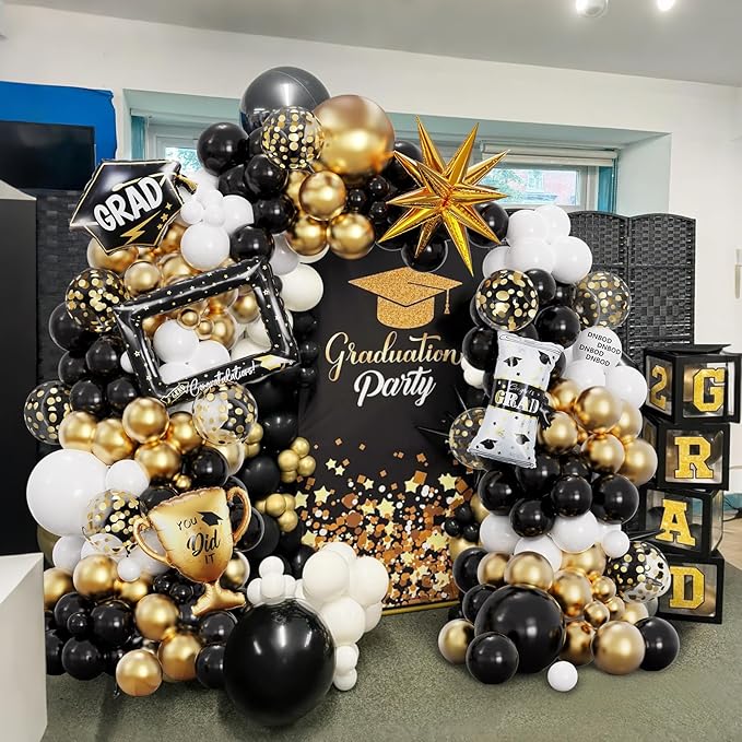 135Pcs Black Gold White Graduation Balloon Garland Arch Kit,with Explosion Star,Diploma,Trophy,Grad Hat,Photo Frame Foil Balloons for Congrats Class of 2025 Graduates Celebrations Party Decoration