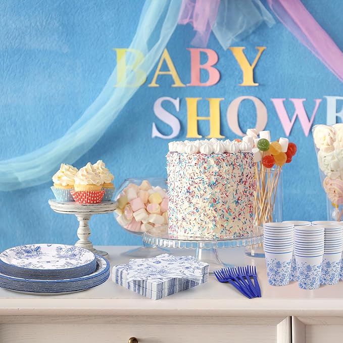 Kochorie 144 Pieces Floral Party Supplies, Blue and White Flower Tableware Sets Including Disposable Paper Plates Napkins Cups Forks Serves 24 for Wedding Baby Shower Birthday Party Decorations