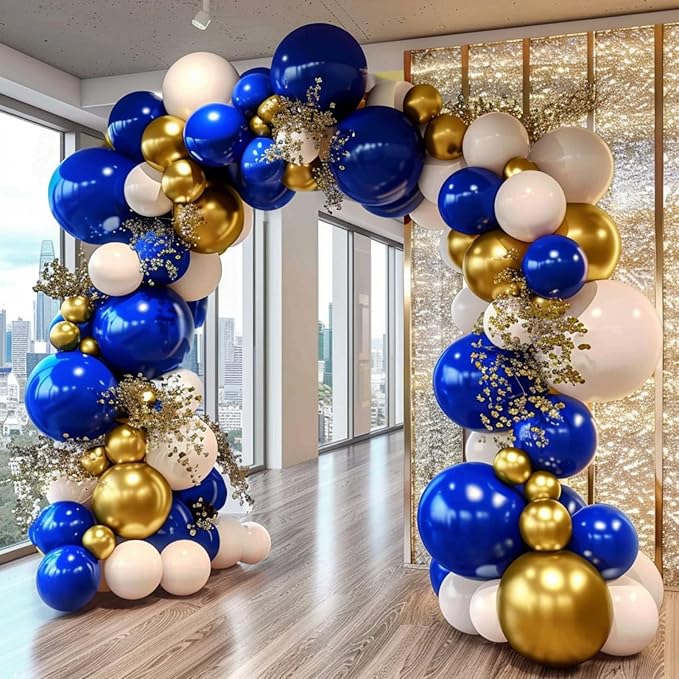 Royal Blue and Gold Balloon Garland Arch Kit, 160Pcs Navy Blue White Chrome Gold Latex Balloons for New Year Wedding Birthday Party Decorations