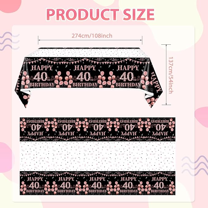 3 PCS 40th Black and Rose Gold Tablecloth Decorations Disposable Plastic Rectangle 40th Birthday Tablecloth for Girls Women Birthday Party Supplies (54x108inch)
