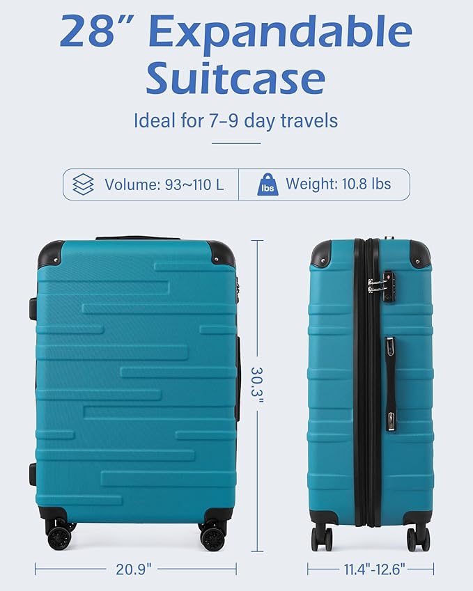 Coolife Hardside Checked Luggage with TSA Lock, Spinner Wheels, Telescopic Handle, Lightweight Suitcase (Lake Blue, L(28in))