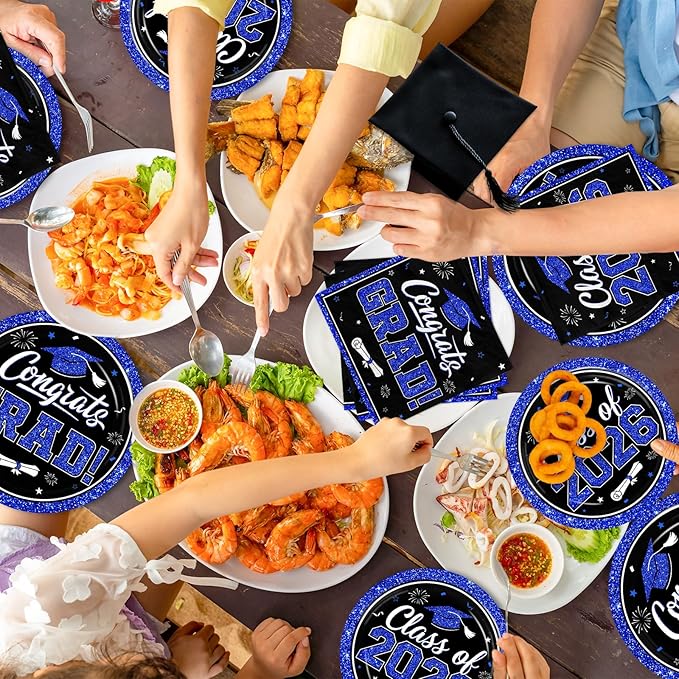 Graduation Decorations 2026 Graduation Party Plates and Napkins Set Black Blue Class of 2026 Graduation Party Supplies for Congrats Grad Party Decor, Serve 50