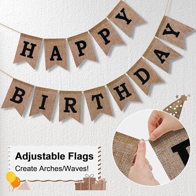 Happy Birthday Banner - Pre‑Strung Burlap Birthday Decorations and Reusable Birthday Sign for Men, Women & Kids | Party Supplies Backdrop (Black)