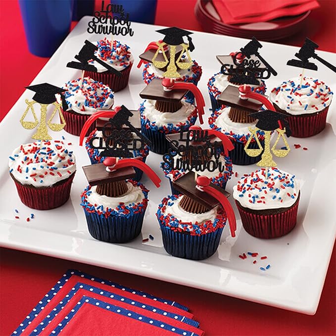 Gyufise 24Pcs 2026 Lawyer Graduation Cupcake Toppers Gold Black Glitter Class Of 2026 Lawyer Grad Cake Toppers Cap Diploma Cupcake Picks 2026 Graduation Theme Party Cake Decorations Supplies