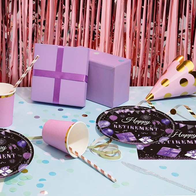 40PCS Retirement Party Decorations Purple Happy Retirement Party Decorations Supplies Tableware Plates and Napkins for Women Going Away Party Disposable Dinnerware Kit,Serves 20