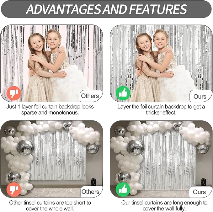 3 Pack Silver Foil Fringe Curtains Streamers Party Decorations 3.3 x 8.2 ft, Tinsel Curtain Fringe Backdrop for Parties, Silver Door Fringe Birthday Streamers, Photo Booth Backdrops, Party Decor