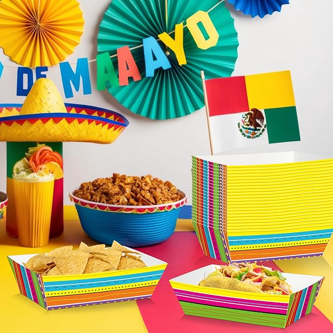 100 Pcs Cinco De Mayo Nacho Trays, Fiesta Paper Serving Trays Colorful Mexican Stripe Design, Disposable Mexican Theme Party Decor, Kitchen Dinnerware for Fiesta Birthday Carnival Party Supplies