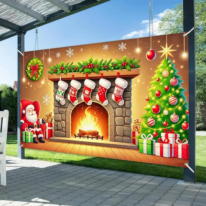 Christmas Banner Santa Claus Fireplace Stockings Tree Gifts Holiday Wall Backdrop Warm Decor Indoor Outdoor Photo Background Party Supplies Home Decoration 71 X 43 Inches