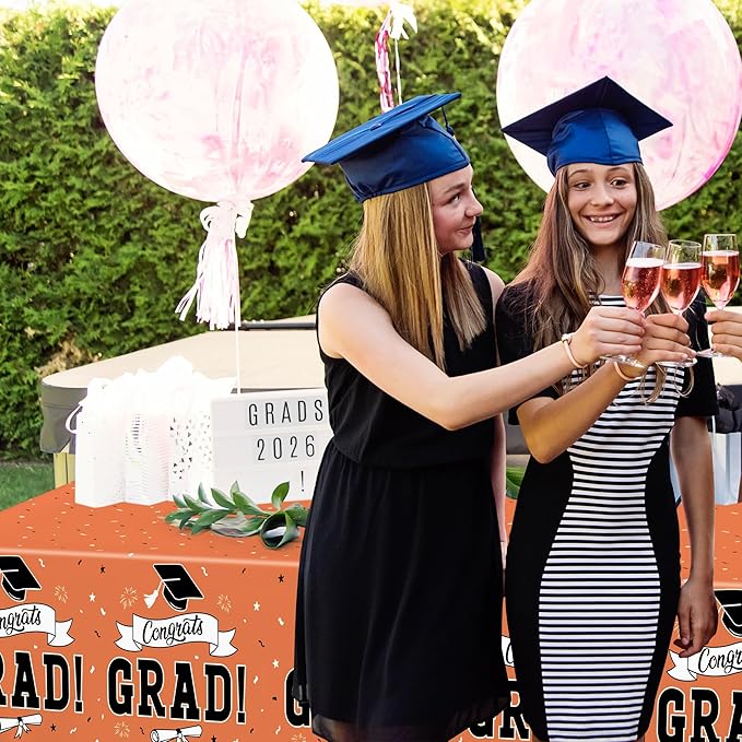 QZYL 2Pcs 2026 Graduation Table Cloths, 108" X 54" Orange Grad Party Decorations, Disposable Plastic Tablecover for Grad Decor Party Supplies, Rectangle Table Cloths for Class 2026 Congrats Grad