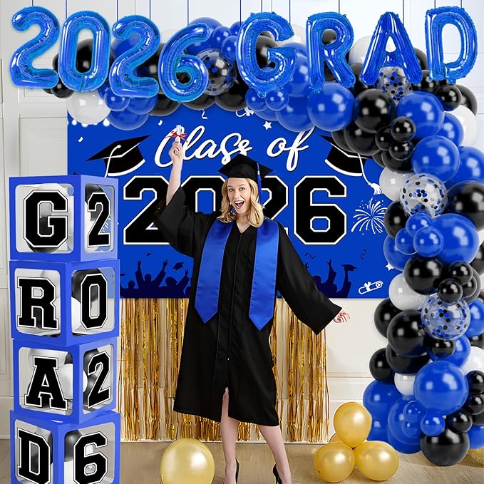 Graduation Decorations Class of 2026-123pcs Blue Black Graduation Party Decorations include Balloon Boxes with Letters, Balloon Arch Kit and Backdrop for 2026 Grad Party Supplies