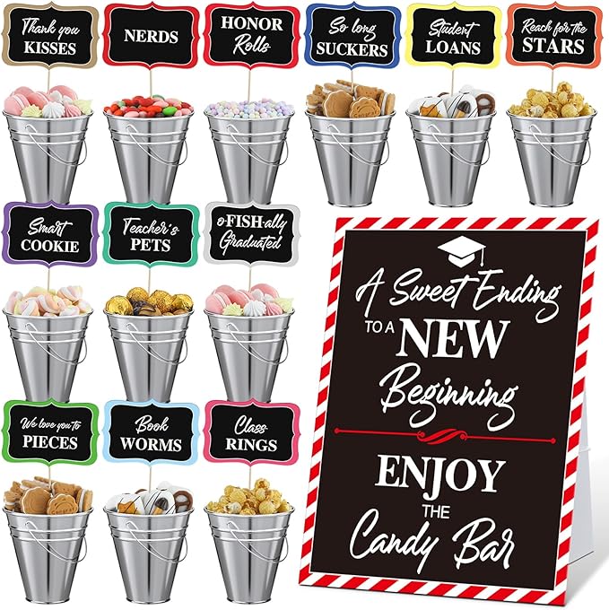 12 Set 2026 Graduation Candy Buffet Party Decoration Graduation Table Candy Bar Snack Labels Signs and 5'' Buckets with Handle for Class of 2026 Party Parties Supplies(Pure Style,Silver Color)
