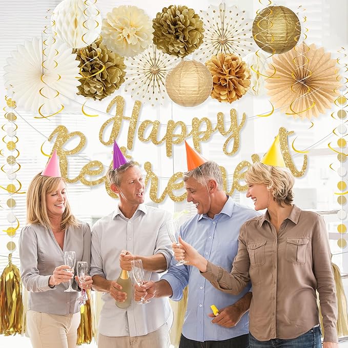Roetyce Retirement Party Decorations Women Men, Gold Glitter Happy Retirement Banner Paper Fans Pompoms Kit, Office Retired Party Supplies for Coworker Friend, Funny Legend Has Retired Photo Backdrop
