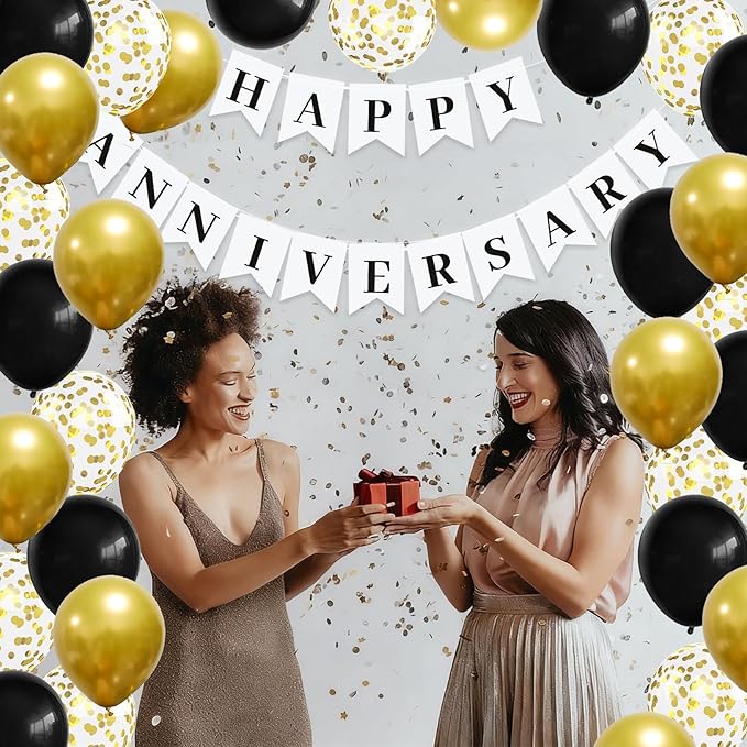 Happy Anniversary Banner Balloons Wedding Love Party and Background Indoor Outdoor Decorations (White & Black Banner Balloon)