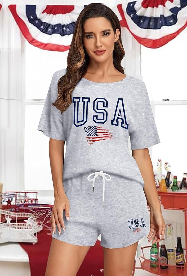 VILOVE 4th of July 2 Piece Sequin Outfits Women 250 Anniversary Usa Shirts and Short Sets Casual Patriotic Shirt Summer Set