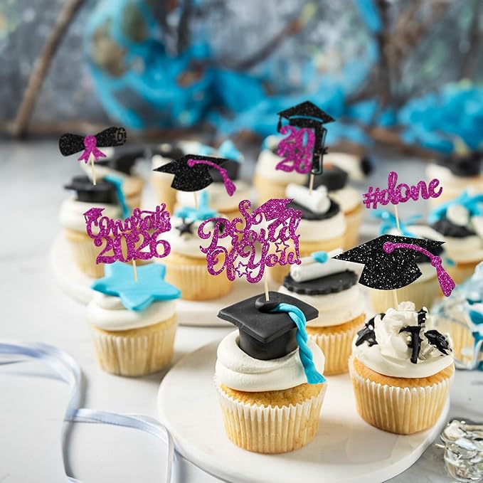 Gyufise 24Pcs Graduation Cupcake Toppers 2026 Purple Glitter Class of 2026 Cupcake Toppers So Proud of You Congrats Grad Cap Diploma Cupcake Picks for Graduation Party Decorations