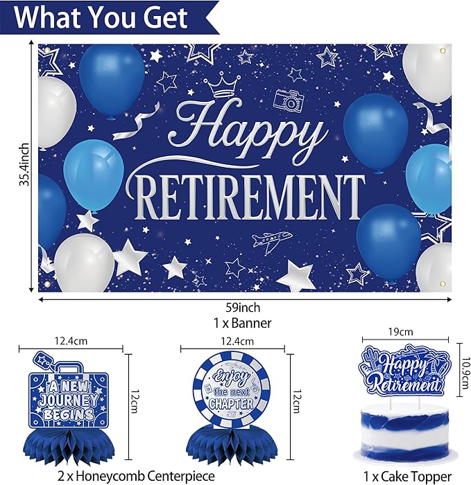 Holkcog Blue Retirement Party Decorations for Women, Silver Blue Happy Retired Banner Backdrop Paper Fan Hanging Swirls for Coworker, I'm Retired Cake Top & Honeycomb Set, Great for Retiring Women