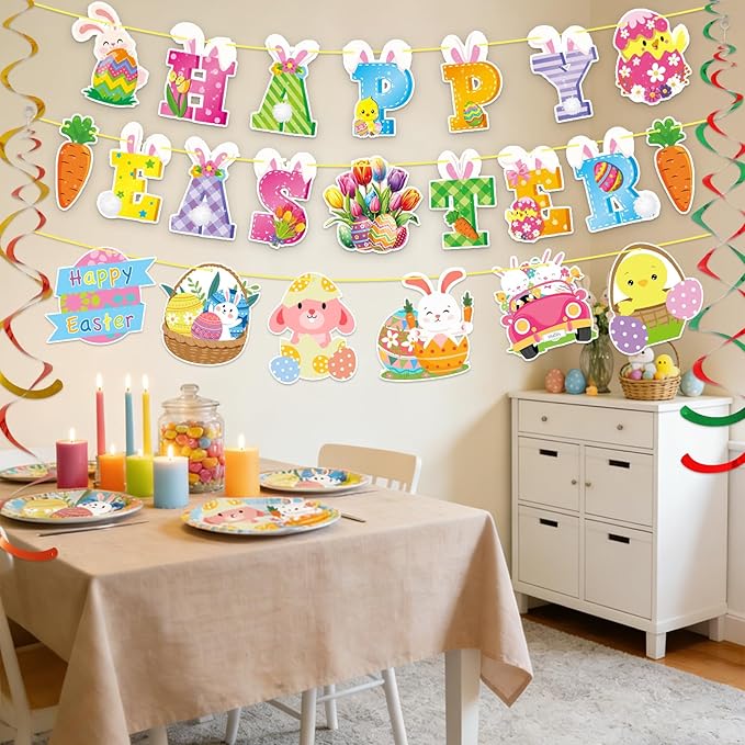 52 Pcs Easter Banner, Happy Easter Garland with Hanging Swirls, Cute Egg Bunny Sign Decorations for Office Home, Easter Party Supplies