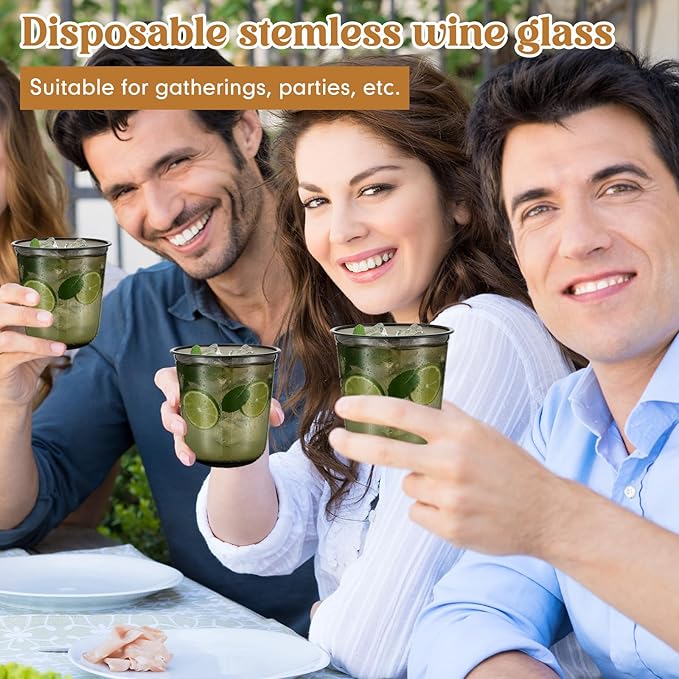 100 Pcs Disposable Stemless Glasses 12oz Crystal Plastic Wine Glasses Clear Classic Pet Cup for Meeting Weddings Birthdays Cocktail Christmas Party Supplies (Black)