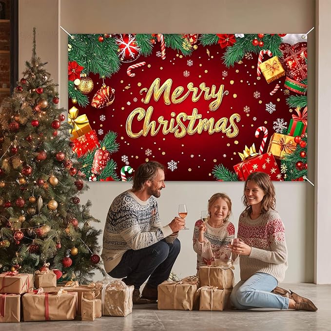Merry Christmas Banner Red Gold Gifts Snowflakes Candy Canes 71x43 Inch Holiday Decorations for Indoor Outdoor Party Supplies Xmas Home Decor Festive Backdrop Celebration