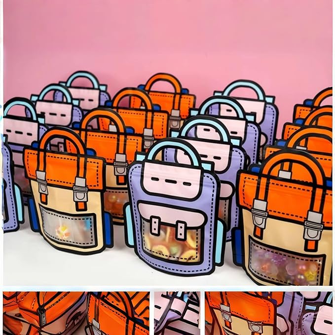 PABCK 20 Pack Plastic Gift Bags Cartoon Goodie Bags 9.45x11.02 inch Backpack-shaped Candy Snack Packaging Bag with Handle Resealable Treats Birthday Party Favor Stand Up (10 Purple and 10 Orange)