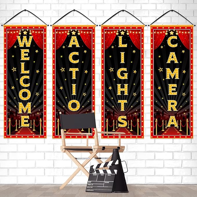 Panelee 4 Pcs Movie Night Porch Banner Movie Themed Party Decorations Theater Welcome Lights Camera Action Front Door Sign Hanging Decoration for Home Photo Film Booth Backdrop Party Supplies
