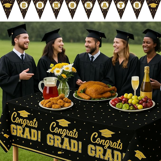 Graduation Decorations Tablecloth Set, Class of 2026 Graduation Party Supplies Gongrats Grad Tablecover Decor for High School University Graduates Party, Black and Gold Table Cloth with Banner