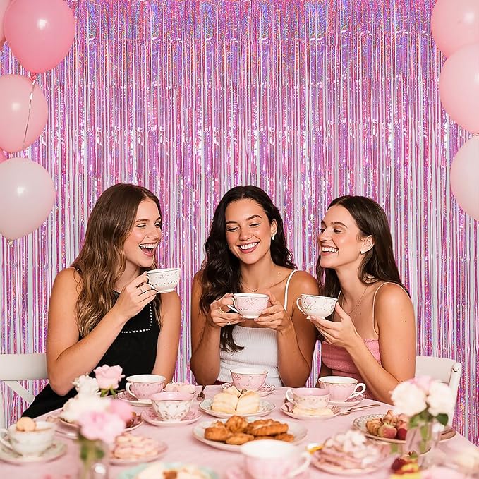 Pink Foil Fringe Curtains Party Decorations, 3.28x6.56ft Sparkling Streamer Tinsel Backdrop for Girls/Princess Birthday Party