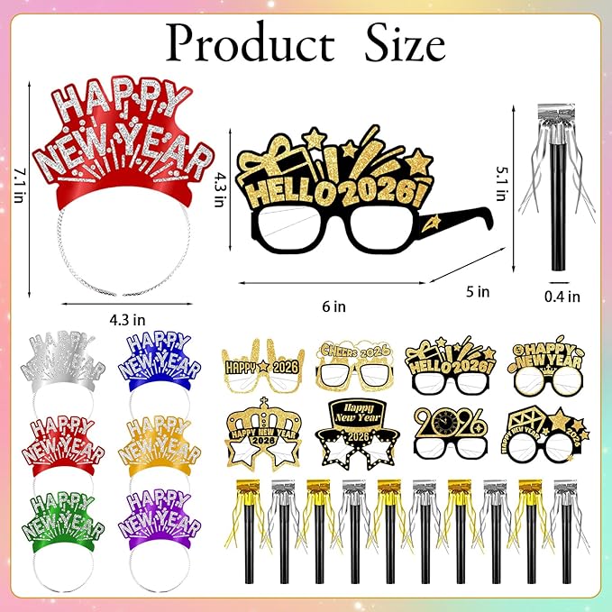 Openfly 24Pcs New Years Eve Party Supplies 2026 Happy New Years Party Headband Hats New Year Glasses New Year Noise Makers