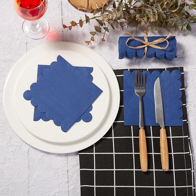 100 Pack Cocktail Napkin 2-Ply Scalloped Edged Dessert Napkins Folded 5 x 5 Inches Disposable Napkins for Dinner Wedding Birthday Party Bridal Anniversary Reception Event (Navy Blue)