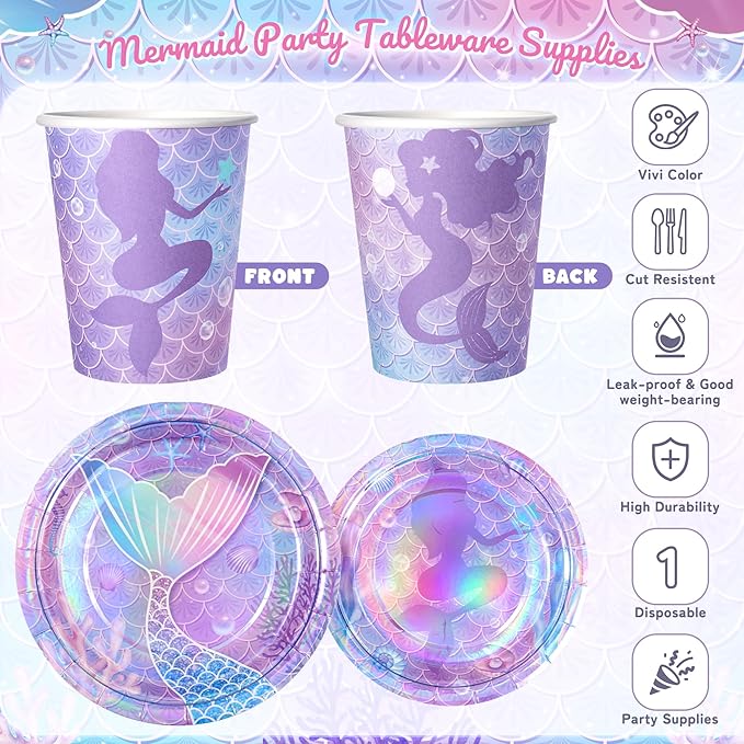 195Pcs Mermaid Birthday Party Decorations with Happy Birthday Banner Tablecloth, Mermaid Themed Party Supplies with Plates Cups Napkins Straws Cutlery, Purple Blue Disposable Tableware for 24 Guests