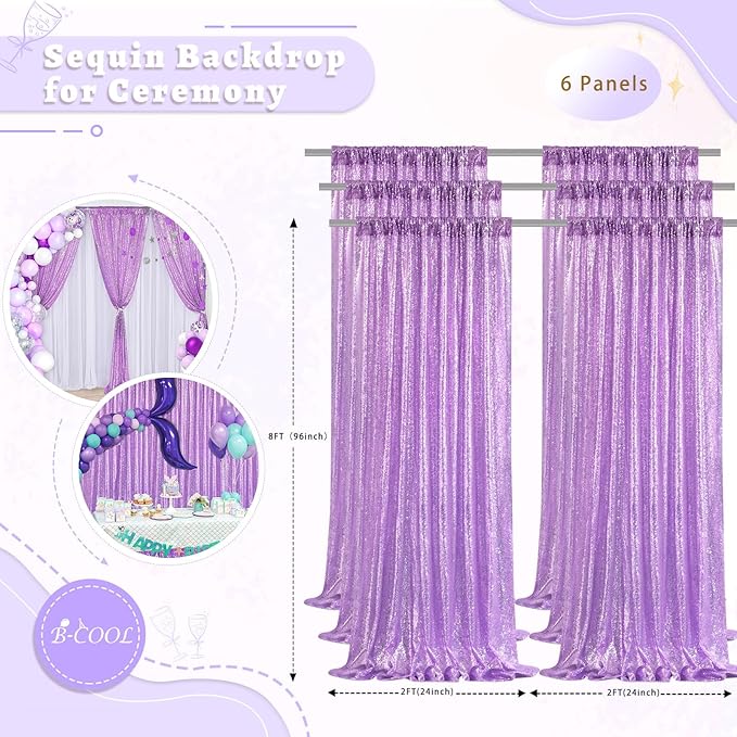 B-COOL Lavender Sequin Backdrop Curtain 6 Panels 2ftx8ft Light Purple Sparkly Curtain Drapes for Birthday Party Wedding Mermaid Background Decorations