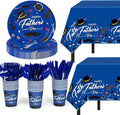 Childom Fathers Day Decorations for Party,132 Pcs Disposable Fathers Day Plates Tablecloth Cups Knives Spoons Forks for Party Supplies,Plates Tableware for Dads Birthday,Home,Brunch,Dinner,Serves 26