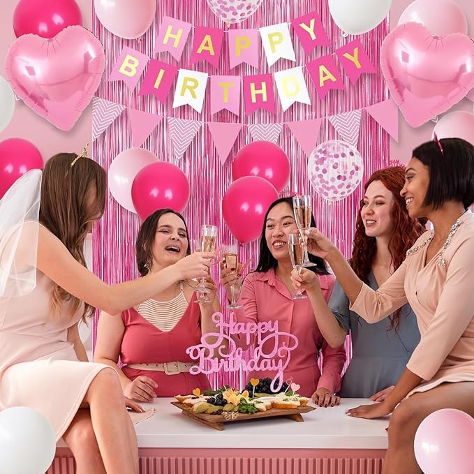 Hot Pink Birthday Decorations for Girls,Happy Birthday Banner Party Decoration Fringe Curtain Heart Foil Balloons for Women Party Decorations