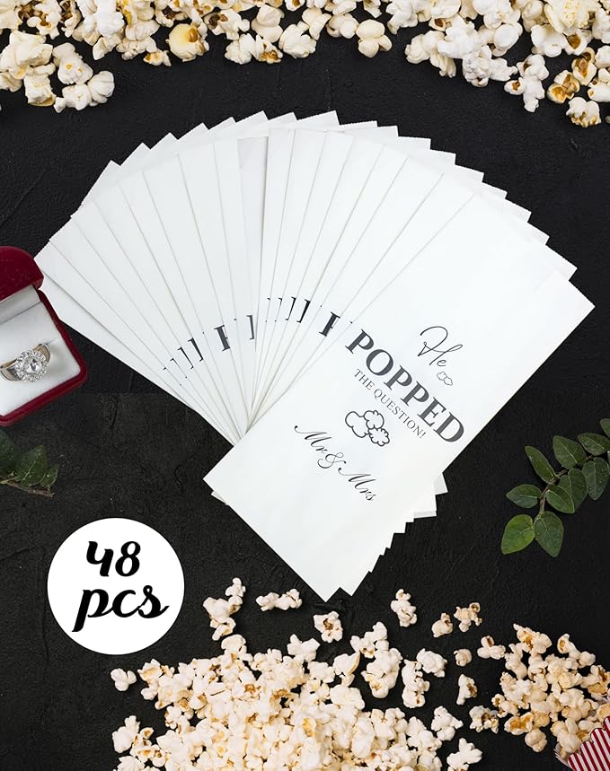 48pcs He Popped the Question Popcorn Bags - Engagement, Bridal Shower, Wedding Party Favors - Grease Resistant