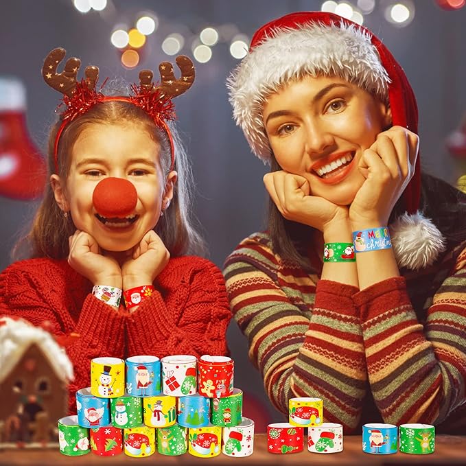 Max Fun 48pcs Christmas Slap Bracelets Party Favors Toys for Kids Xmas Party Favors Stocking Stuffers (Christmas)