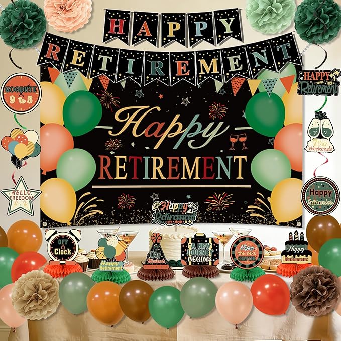 Retirement Party Decorations for Men Women Vintage Happy Retirement Banner Backdrop Balloons Paper Pompoms Honeycomb Centerpiece Cake Topper Hanging Swirl Set