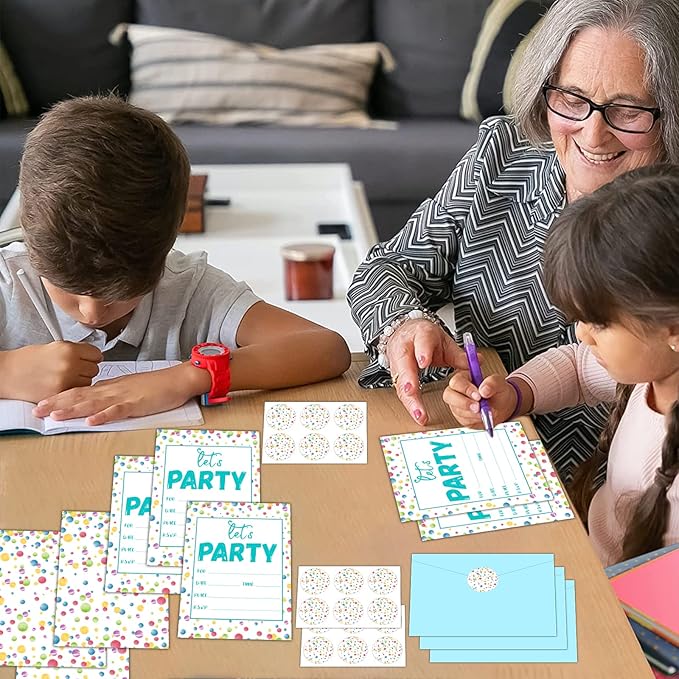 30 Pieces Confetti Birthday Invitations LET'S PARTY Watercolor Dot Invitation Set for Boys Girls Kids Birthday Invitations with Sticker Labels Envelopes Rainbow Polka Dot Party Supplies Decorations