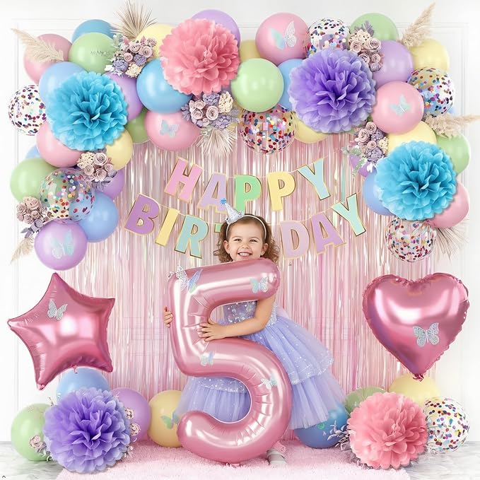 Pastel 5th Birthday Party Decorations for Girls Number 5 Balloon Happy Birthday Banner Butterfly Stickers Fringe Curtain Paper Pom Poms Macaron Pink Star Heart Foil Colorful Balloons 5 Year Old Decor