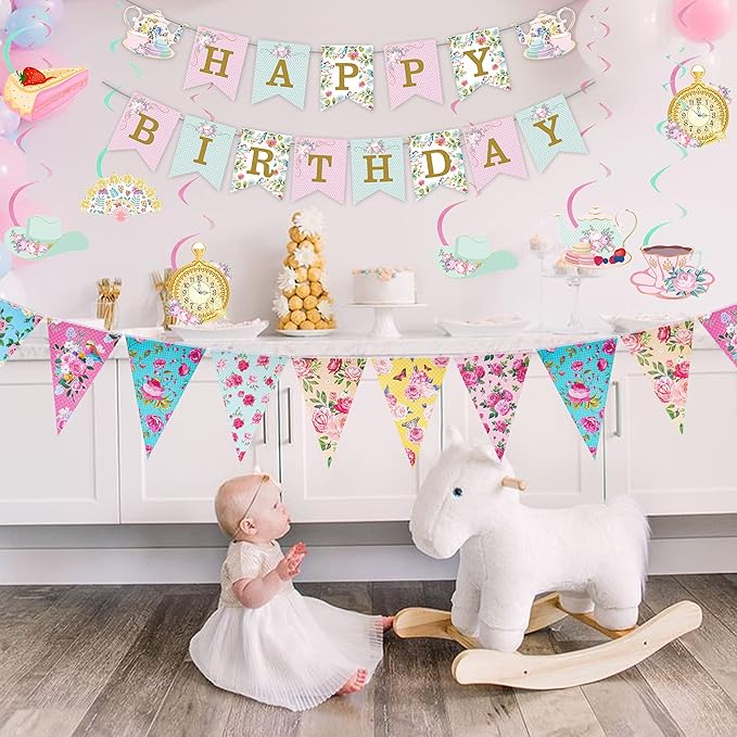 Tea Party Decorations Birthday Banner - Floral Decor Happy Birthday Banners Bunting Teapot Hanging Swirl, Flower Wonderland Theme Decoration for Women Girls Baby Shower Party Supplies