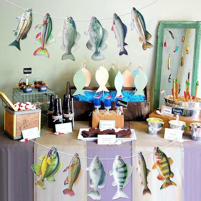 Hooqict Gone Fishing Hanging Banner Garland Fish Birthday Party Banner for Happy Birthday Decorations Fishing Theme Party Supplies Under The Sea Baby Shower Fathers Day Decorations