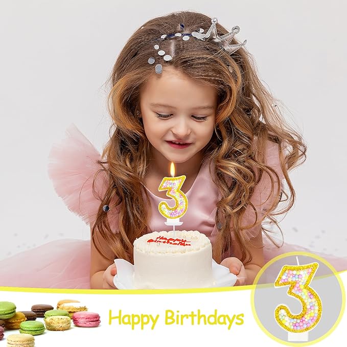 3rd Birthday Candle for Cake, Colorful Macaron Numeral Candles for Girls/Boys, Birthday Party Cake Decorations, Golden Cake Topper for Birthday Party Supplies (Number 3)