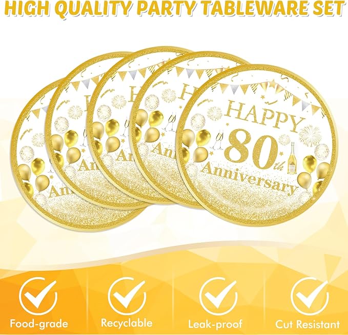 41PCS Gold Party Decorations 80th Party Tableware Set 1945 80th Theme Birthday Party Table Decoration Supplies Cheers to 80 Years Paper Plate Napkin Tablecloth for Wedding Anniversary Party Supplies