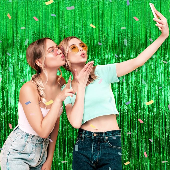 3 Pack Green Foil Fringe Curtain Backdrop, 3.28Ft x 8.2Ft Metallic Tinsel Foil Fringe Streamer Curtains for Photo Booth, Mother's Day, Easter, Birthday, Wedding Party Decorations