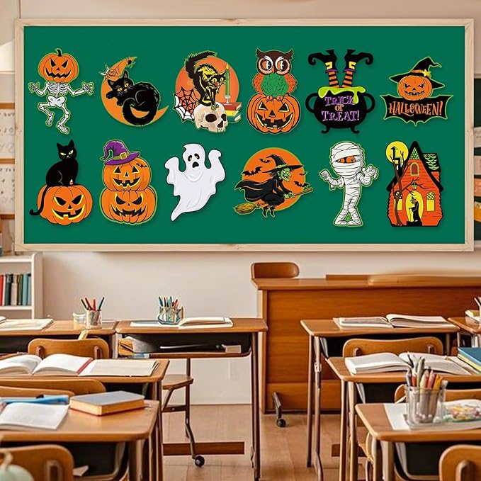 Large Vintage Halloween Decorations Cardboard Cutout Set of 12, Retro Spooky Ghost Cutouts Wall Decor Indoor Outdoor, Vintage Orange Green Black Paper Cut Outs Party Decoration (Large, Halloween)