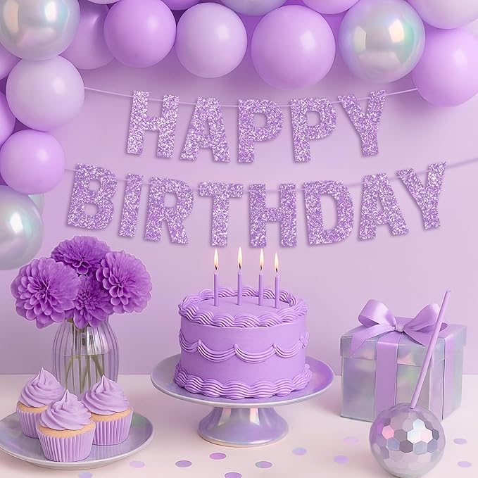 Pre-strung Happy Birthday Banner - No DIY - Purple Glitter Happy Birthday Party Banner for Girls & Women - Pre-strung on 8ft Strands - Light Pastel Purple Bday Party Decorations. Did We Mention No DIY
