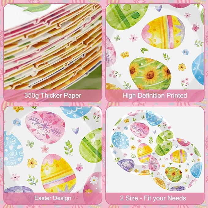 24 Pcs Easter Plates Set - Watercolor Happy Easter Eggs Paper Plate, Disposable Spring Colorful Round Dinner Dessert Plates Tableware for Easters Day Party Supplies Favors Table Decorations