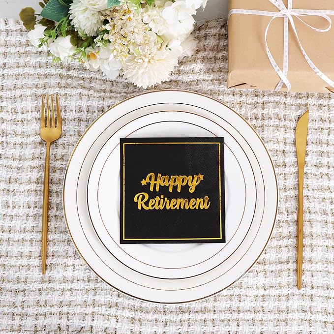 Vuzvuv 50 Pack Happy Retirement Cocktail Napkins - Disposable Paper Hand Napkins for Retirement Parties Farewell Gatherings Office Send-Off Party Decorations Table Decor (5" Folded 2 Ply - Black)