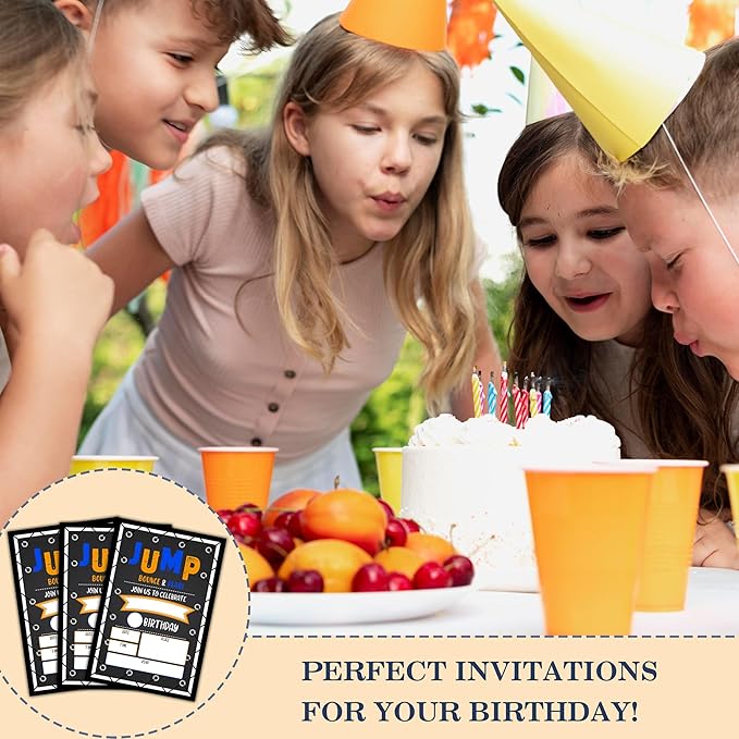 CLIRBE Trampoline Jump Birthday Party Invitations, Birthday Invitations For Boys, Kids Boy Birthday Invitation, 20 Invitations with 20 Envelopes - E01
