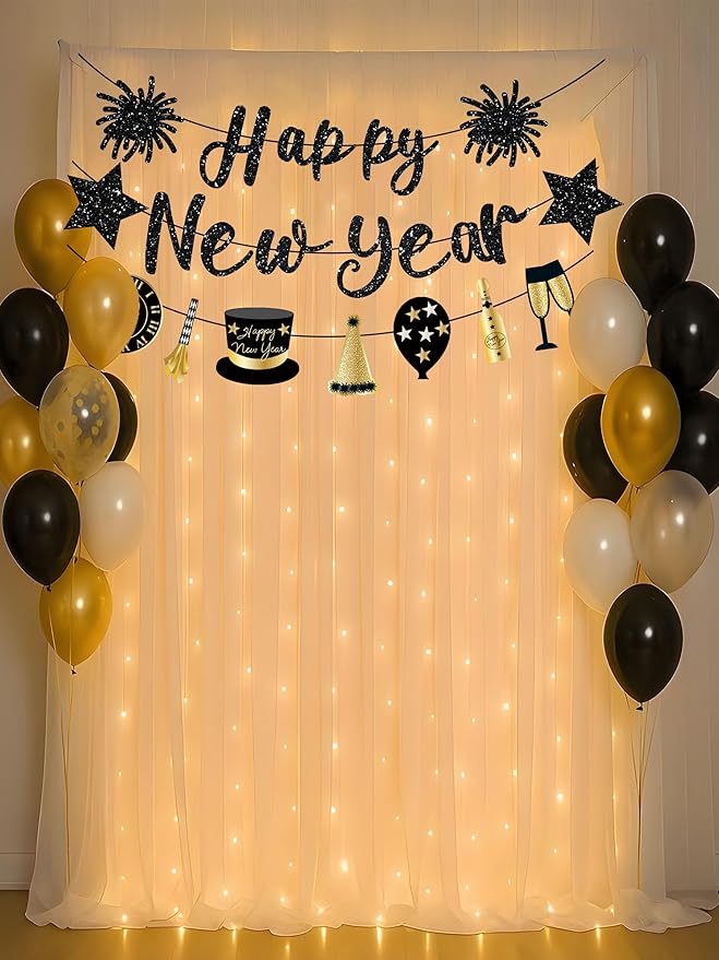 Happy New Year Banner Black New Years Decorations 2026 Glitter Pre-Strung New Year Eve Sign for NYE Party Supplies