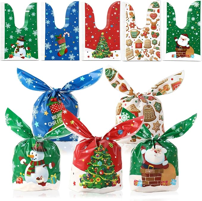 Christmas Treat Bags, 100 Pcs Xmas Plastic Cellophane Goodie Candy Cookie Rabbit Ears Gift Bag, Plastic Snack Goody Present Wrapping Bag for Christmas Holiday Event Party Favors Decoration (5 Designs)